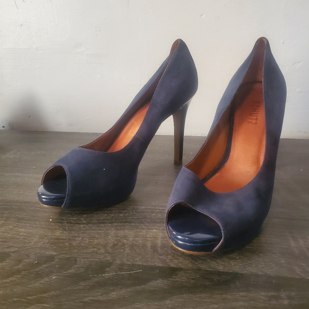 Schutz blue peep toe slip on heels size 8